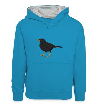Amsel - Kinder Kontrast-Hoodie - Pfauenblau/Grau meliert - Vorne