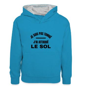 je suis pas tombé j'ai attaqué le sol - Sweat à capuche contrasté Enfant - bleu paon/gris chiné - Devant