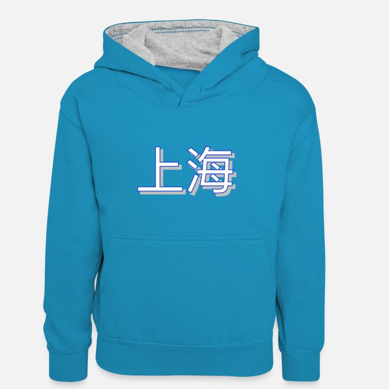 Shanghai - Sweat à capuche contrasté Enfant - bleu paon/gris chiné