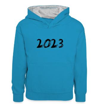 2023 Jahreszahl Datum Zahl Anno Kalenderjahr - Kinder Kontrast-Hoodie - Pfauenblau/Grau meliert - Vorne