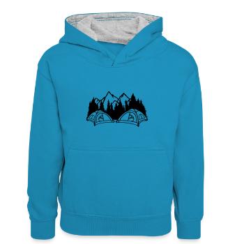 Berge Camper draußen leben - Kinder Kontrast-Hoodie - Pfauenblau/Grau meliert - Vorne