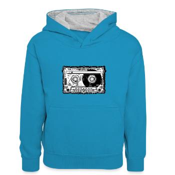 tape vintage Kassette stencil - Kinder Kontrast-Hoodie - Pfauenblau/Grau meliert - Vorne
