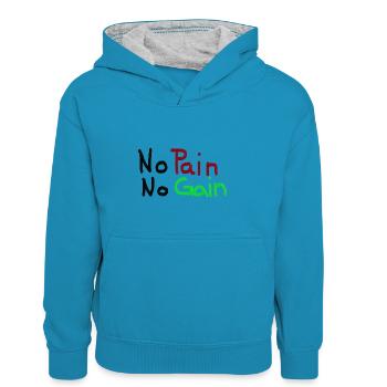 No Pain No Gain - Kinder Kontrast-Hoodie - Pfauenblau/Grau meliert - Vorne