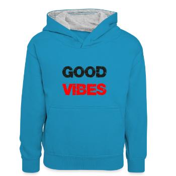 Good Vibes - Good Mood Girls Été 2022 - Sweat à capuche contrasté Enfant - bleu paon/gris chiné - Devant