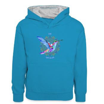 Kolibri - Symbol des Lichts - Kinder Kontrast-Hoodie - Pfauenblau/Grau meliert - Vorne