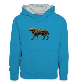 Steampunk Wolf - Kinder Kontrast-Hoodie - Pfauenblau/Grau meliert - Vorne