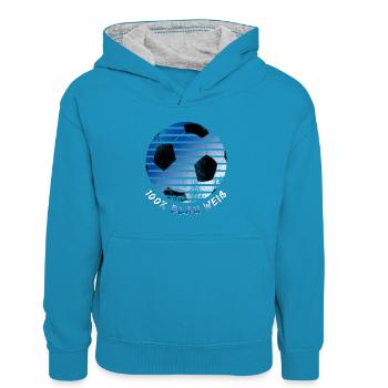 Blau Weiß Fußball - Kinder Kontrast-Hoodie - Pfauenblau/Grau meliert - Vorne