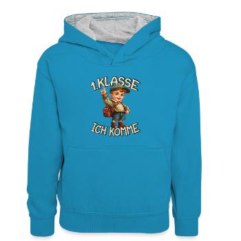 1. Klasse Ich komme Einschulung Jungen - Kinder Kontrast-Hoodie - Pfauenblau/Grau meliert - Vorne
