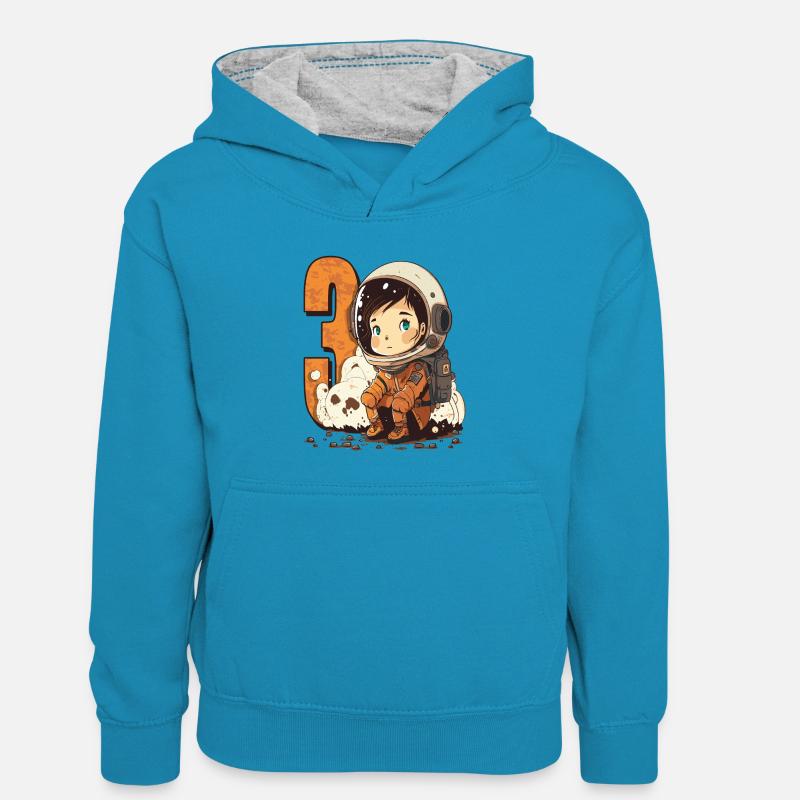 Fête d’anniversaire des enfants astronautes de l’espace de 3 ans - Sweat à capuche contrasté Enfant - bleu paon/gris chiné