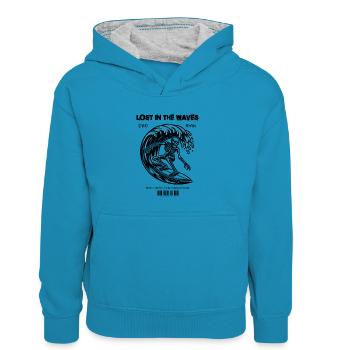 Lost in the Waves Surfing Skeleton - Sweat à capuche contrasté Enfant - bleu paon/gris chiné - Devant