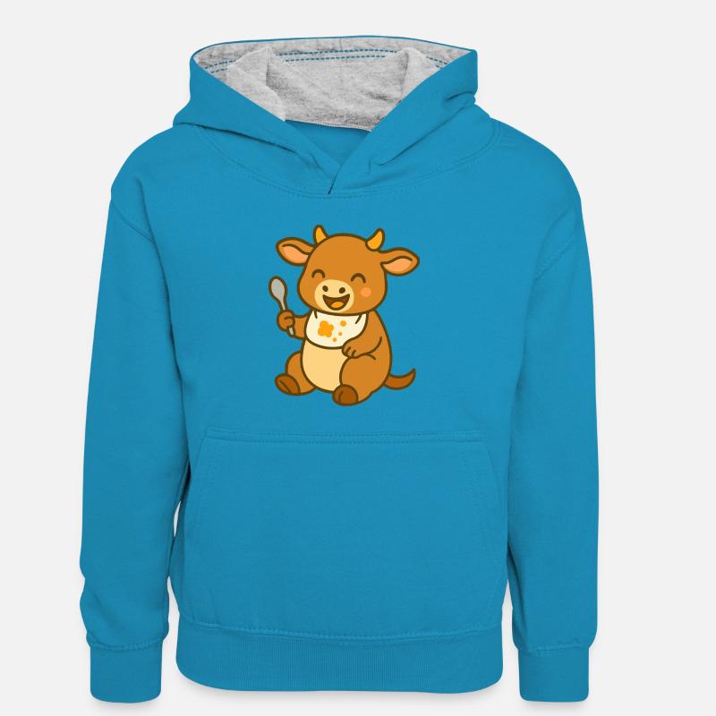 Kälbchen mit Lätzchen und Futterfreude - Kinder Kontrast-Hoodie - Pfauenblau/Grau meliert