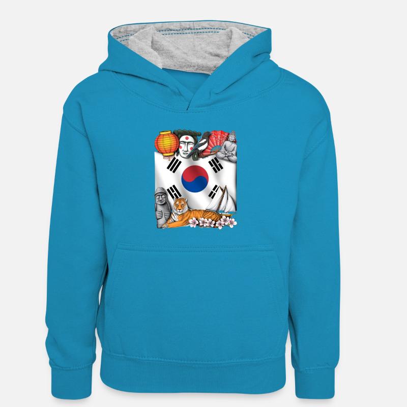 Corée du Sud - Sweat à capuche contrasté Enfant - bleu paon/gris chiné