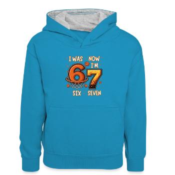 Ich war 6. Jetzt bin ich 7. Alter Basketball-67-Geburtstagsshirt. - Kinder Kontrast-Hoodie - Pfauenblau/Grau meliert - Vorne