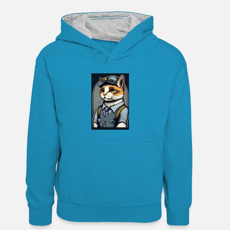 Commis aux chats - Sweat à capuche contrasté Enfant - bleu paon/gris chiné