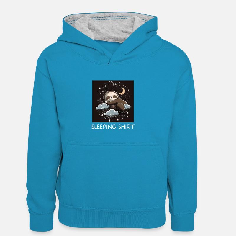 Faultier Schlafhemd - Kinder Kontrast-Hoodie - Pfauenblau/Grau meliert