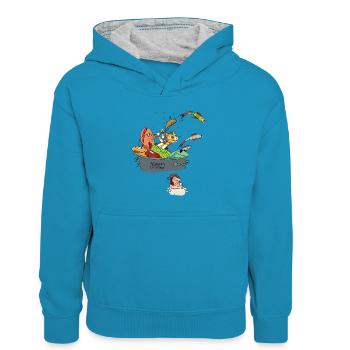 Pettersson Und Findus Im Topf Mit Fischen - Kinder Kontrast-Hoodie - Pfauenblau/Grau meliert - Vorne