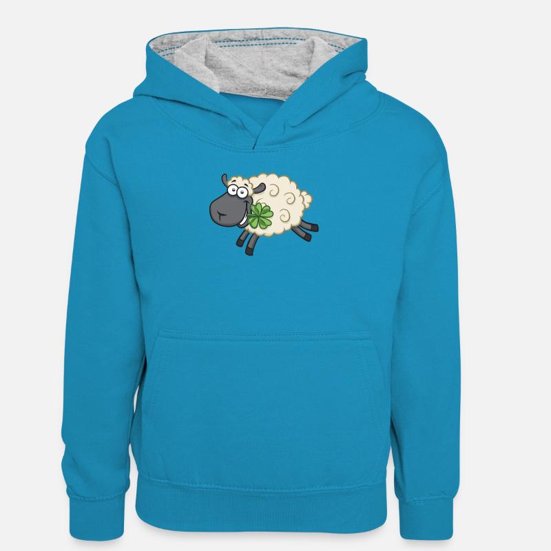 Glücksschaf mit Kleeblatt Glück Schaf - Kinder Kontrast-Hoodie - Pfauenblau/Grau meliert