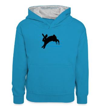 Ein Sprung Kaninchen - Kinder Kontrast-Hoodie - Pfauenblau/Grau meliert - Vorne