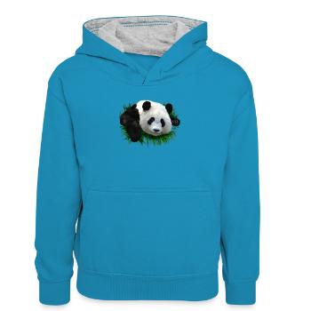 panda - Kids’ Contrast Hoodie - peacock blue/heather grey - Front