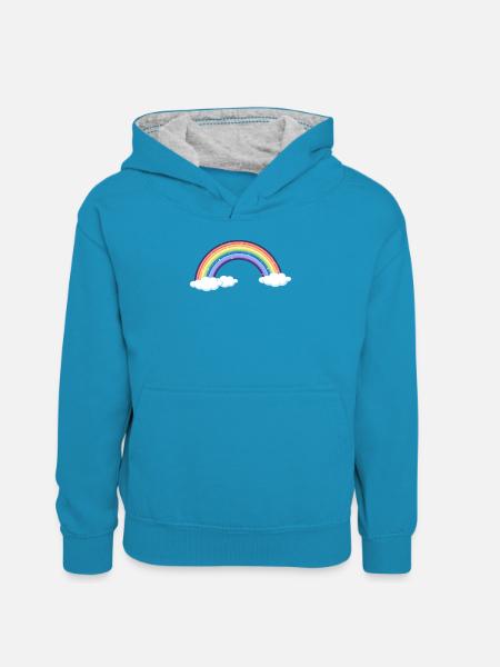 Vibrant Rainbow Over Clouds - Kids’ Contrast Hoodie - peacock blue/heather grey