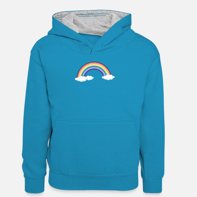 Vibrant Rainbow Over Clouds - Kids’ Contrast Hoodie - peacock blue/heather grey