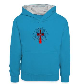 Christliches Kreuz - Christlicher Glaube - KIRCHE - Kinder Kontrast-Hoodie - Pfauenblau/Grau meliert - Vorne