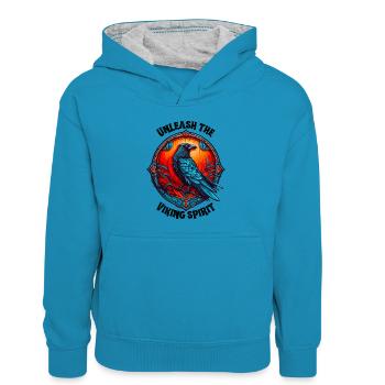 Viking Spirit - Kinder Kontrast-Hoodie - Pfauenblau/Grau meliert - Vorne