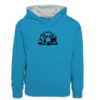Weimaraner - Kinder Kontrast-Hoodie - Pfauenblau/Grau meliert - Vorne
