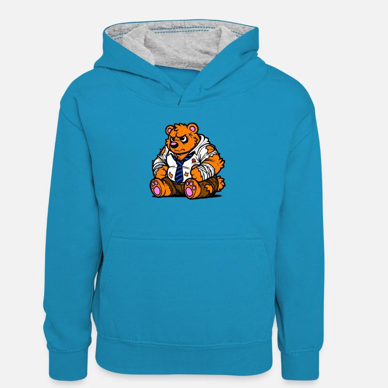 Ours de bureau - Sweat à capuche contrasté Enfant - bleu paon/gris chiné