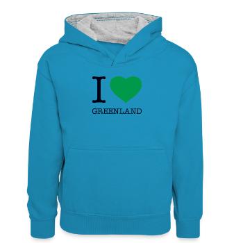 I LOVE GREENLAND Grönland - Kinder Kontrast-Hoodie - Pfauenblau/Grau meliert - Vorne