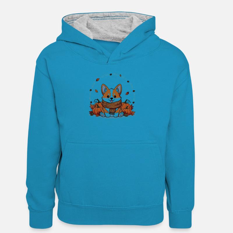 Mignon corgi d’automne avec décor de citrouille - Sweat à capuche contrasté Enfant - bleu paon/gris chiné