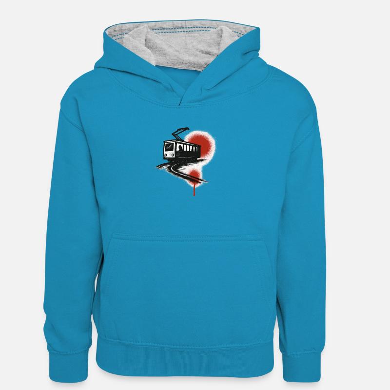 Tram sur la traînée rouge - Sweat à capuche contrasté Enfant - bleu paon/gris chiné
