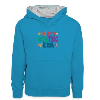in_my_painting_era_dark_Kopie - Kinder Kontrast-Hoodie - Pfauenblau/Grau meliert - Vorne