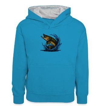 Hecht | Anpassbare Ausgabe - Kinder Kontrast-Hoodie - Pfauenblau/Grau meliert - Vorne