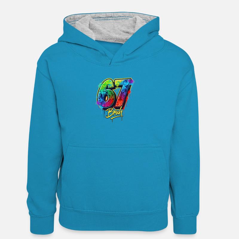 6 7 Mème – Édition Graffiti Bruh - Sweat à capuche contrasté Enfant - bleu paon/gris chiné