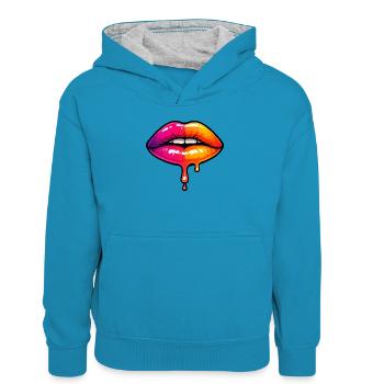 Dripping Neon Lips - Kids’ Contrast Hoodie - peacock blue/heather grey - Front