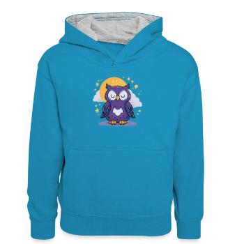 Mondnacht Eule - Kinder Kontrast-Hoodie - Pfauenblau/Grau meliert - Vorne