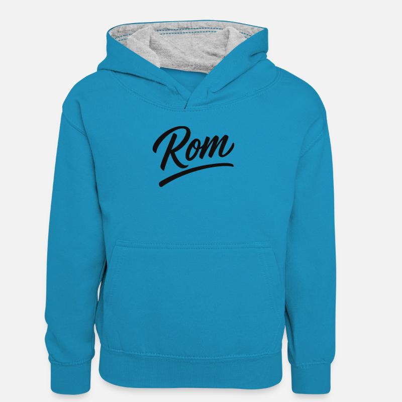 Rom Script Lettering Subline - Kids’ Contrast Hoodie - peacock blue/heather grey