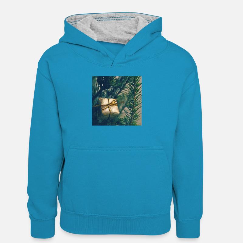 Présent doré sur branches de pin - Sweat à capuche contrasté Enfant - bleu paon/gris chiné