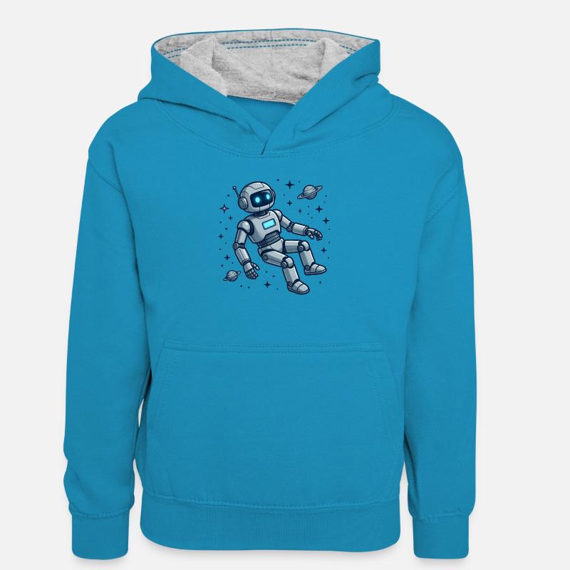 4 Le Robot dans l'espace - Sweat à capuche contrasté Enfant - bleu paon/gris chiné