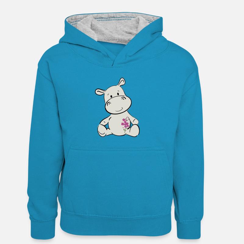 Hippopotame heureux - Sweat à capuche contrasté Enfant - bleu paon/gris chiné