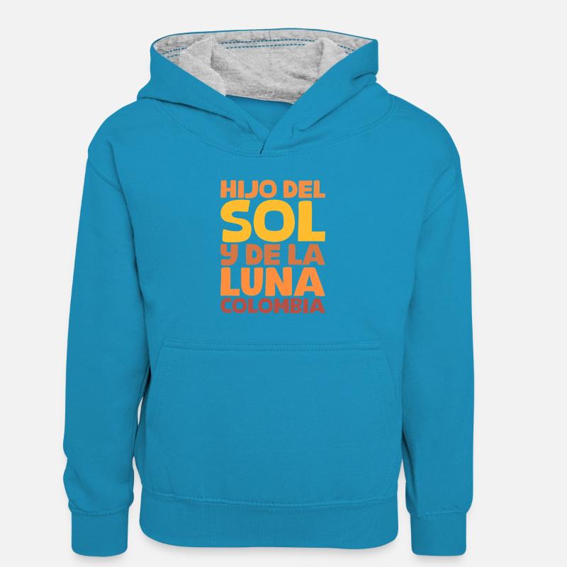 Fils du Soleil et de la Lune Colombie - Sweat à capuche contrasté Enfant - bleu paon/gris chiné