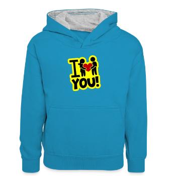 Je t’aime, preuve d’amour - Sweat à capuche contrasté Enfant - bleu paon/gris chiné - Devant