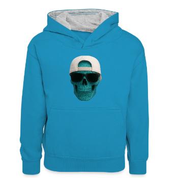 Totenkopf - Kinder Kontrast-Hoodie - Pfauenblau/Grau meliert - Vorne