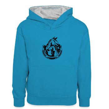 PFERD FOHLE FOHLEN STUTEN PFERDEN STUTE HUF MOTIVE - Kinder Kontrast-Hoodie - Pfauenblau/Grau meliert - Vorne