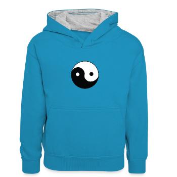 Ying und Yang in Schwarz-Weiß - Kinder Kontrast-Hoodie - Pfauenblau/Grau meliert - Vorne