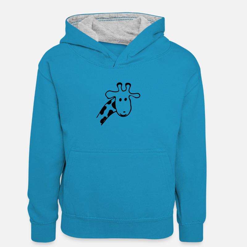 Giraffe - Kinder Kontrast-Hoodie - Pfauenblau/Grau meliert