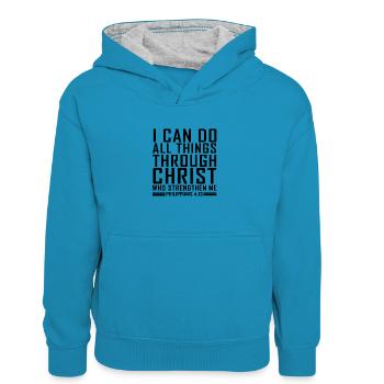 Philipper 4:13 Bibel Vers Cool Christian Shirts - Kinder Kontrast-Hoodie - Pfauenblau/Grau meliert - Vorne