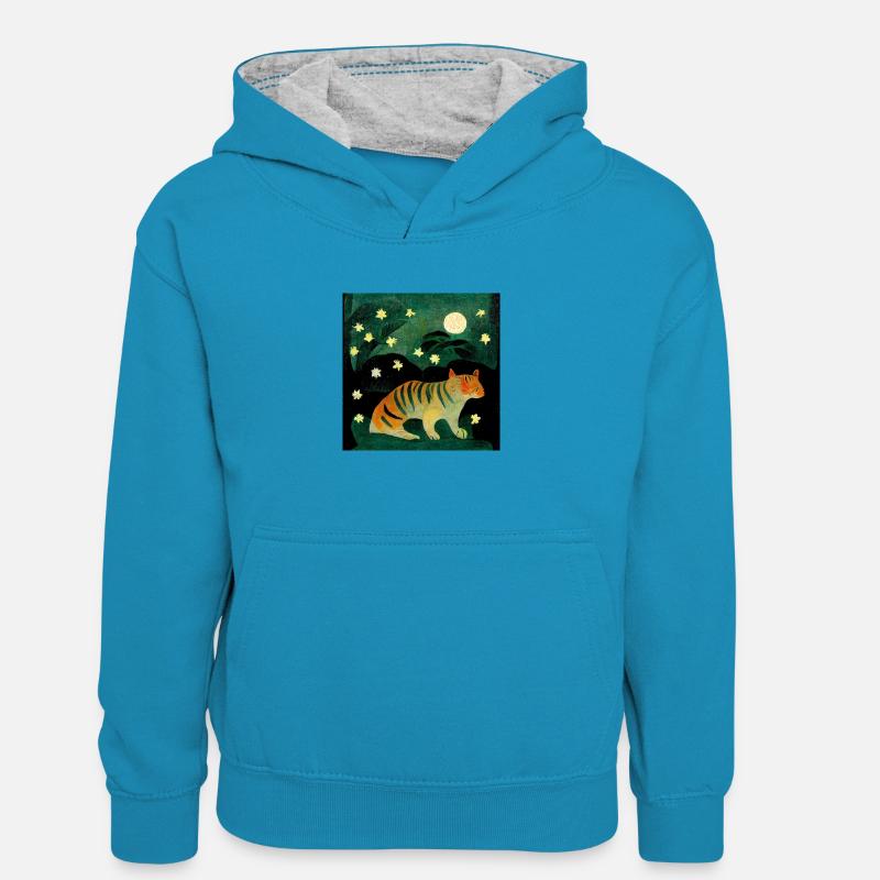 Tigre au clair de lune - Sweat à capuche contrasté Enfant - bleu paon/gris chiné