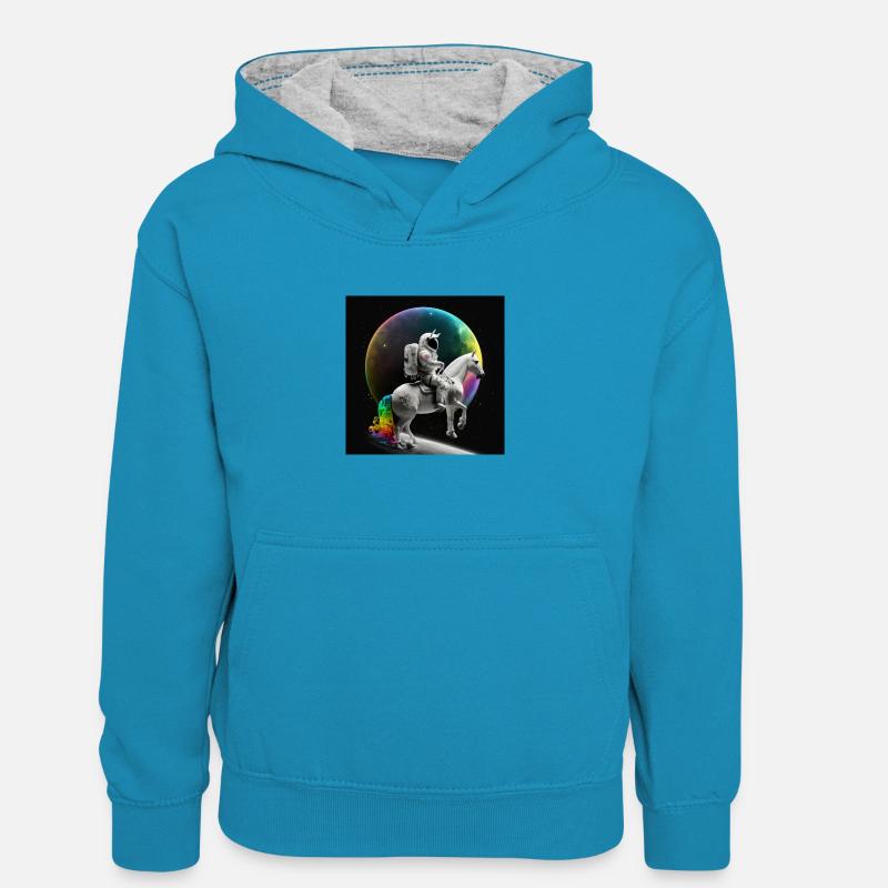 Astronaute à cheval dans l’espace - Sweat à capuche contrasté Enfant - bleu paon/gris chiné